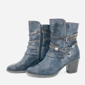 MARCO TOZZI LEATHER ANKLE BOOTS BLUE, SZ 7.5
